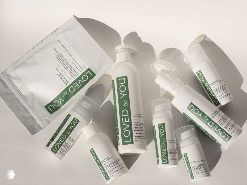 Съёмка нескольких флаконов и тюбиков косметики Loved by You с бело‑зелёными этикетками на светлом фоне, показ упаковки и брендинга.