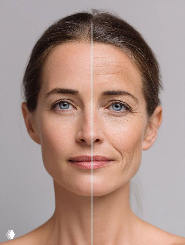 Портрет женщины с разделённым изображением «до и после», показывающий эффект разглаживания морщин и улучшения текстуры кожи после применения пептидов.