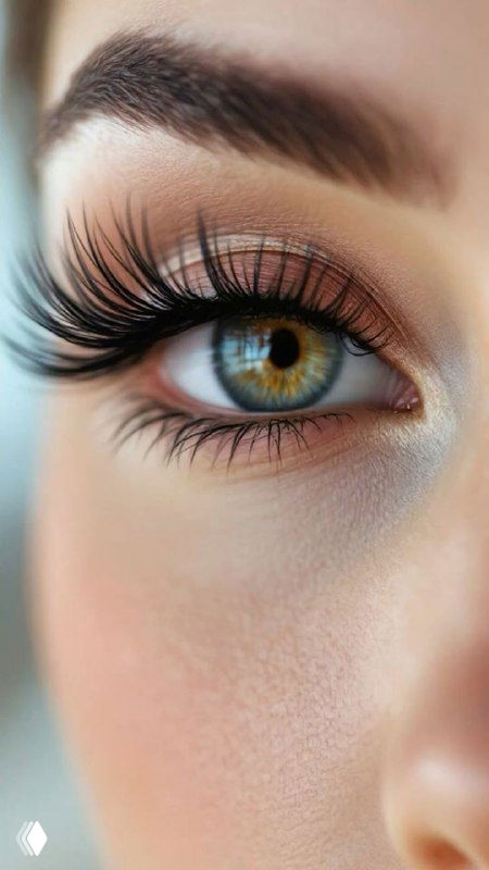 Крупный план глаза с наращенными длинными ресницами и аккуратным макияжем; видна текстура кожи и эффект туши/ресниц.