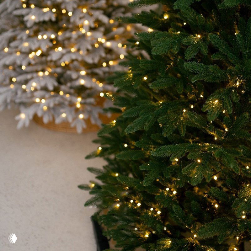 Крупный план хвои и огоньков на двух ёлках: зелёные и белые пушистые ветви, акцент на текстуре, подсветке и декоративных деталях для дома к Новому году.