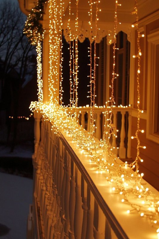 Перила балкона, украшенные густой цепочкой тёплых гирлянд; свет отражается на снежной поверхности и подчёркивает праздничную отделку фасада.