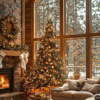 Пышная подсвеченная ёлка рядом с диваном и камином в деревянном доме, огни гирлянд подчёркивают уют и праздничное оформление помещения.