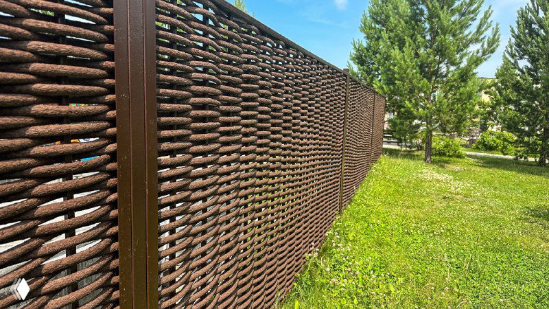 Гибкая полимерная лоза вблизи: тёмно-коричневая плетёная структура забора, зелёная полоса газона и деревья на заднем плане, крупный план плетения.