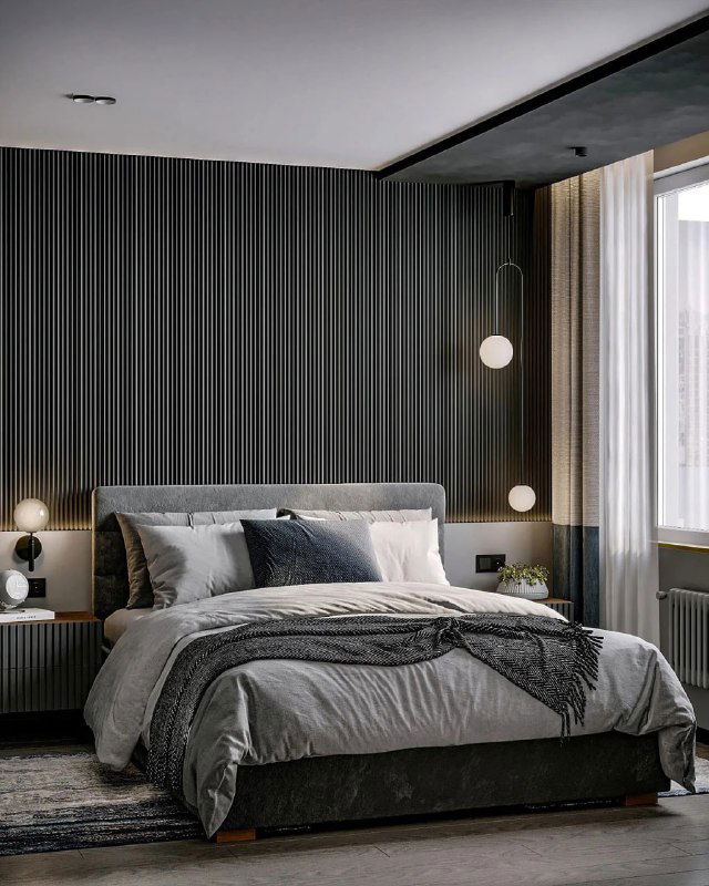 Спальня с тёмно-деревянными брусковыми панелями за изголовьем кровати, мягкий текстиль и минималистичная атмосфера для отдыха.