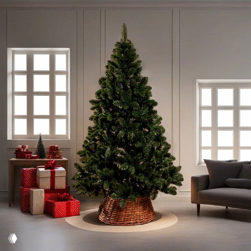 Тёмно-зелёная искусственная ёлка в реальном интерьере шоу-рума, плотная хвоя и корзина подставка, демонстрация фактического размера и формы.
