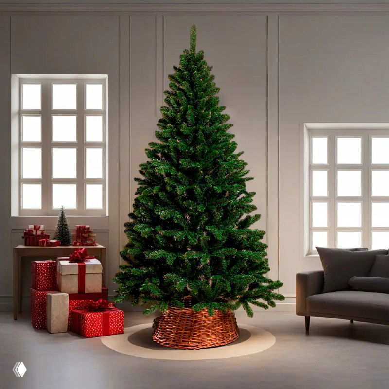 Зелёная искусственная ёлка средних размеров в торговом зале, натуральный цвет хвои и корзинная подставка с декоративными подарками рядом.