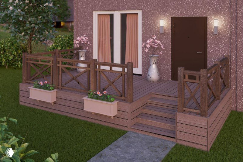 Деревянная терраса с декоративными цветочными ящиками и перилами — пример готового набора для установки у фасада дома.