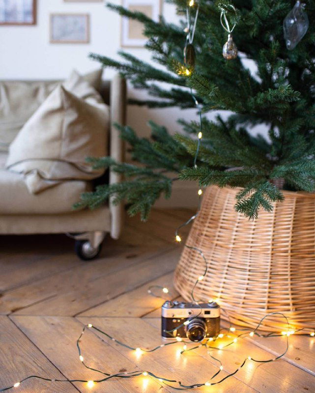 Нижняя часть искусственной ёлки в плетёной корзине на деревянном полу рядом с гирляндой и фотокамерой — уютный кадр.