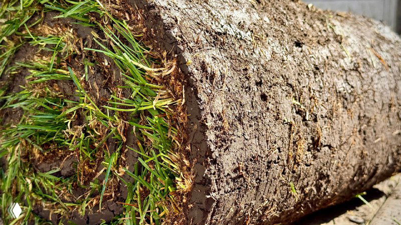 Крупный план рулонного газона с видимой дерниной и землёй, отчётливо видна структура корней и плотная зелёная трава, готовая к монтажу.