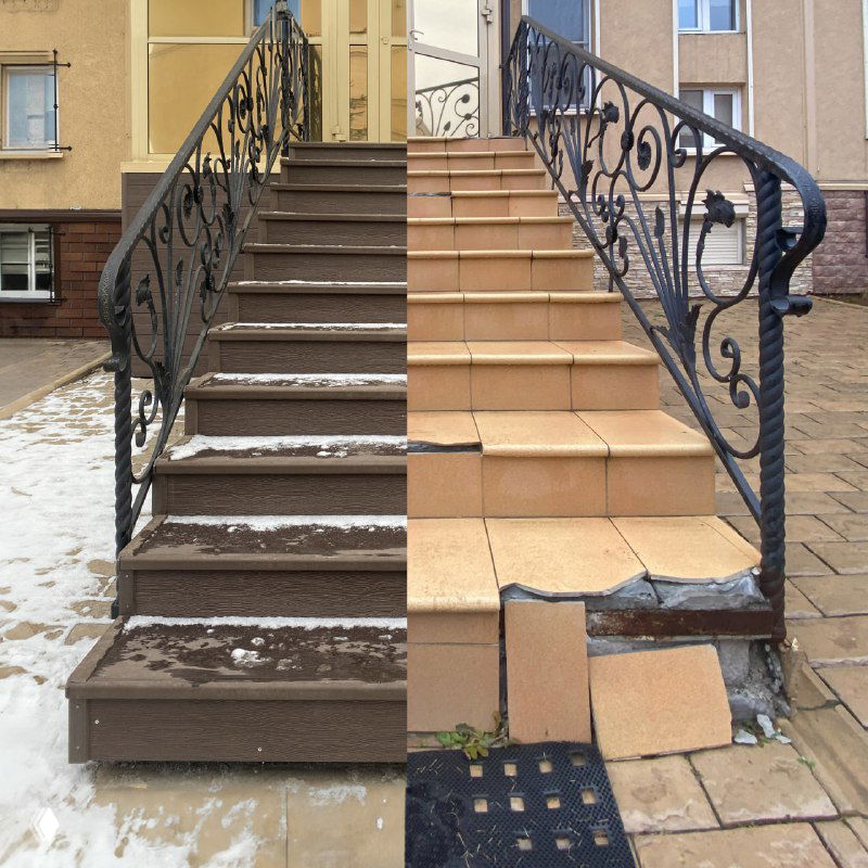 Старые ступени с повреждённой плиткой и вариант обновления облицовкой ДПК в сравнении; кованые перила и уличные условия видны на фото.