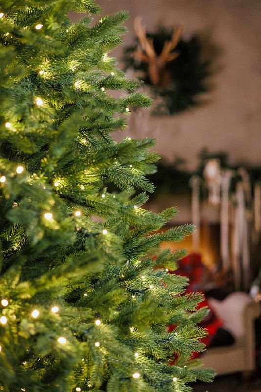 Крупный план ветвей ёлки с тёплыми гирляндами, на заднем плане размыт интерьер и новогодние украшения, уютная атмосфера дома