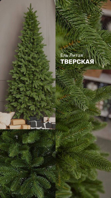 Крупный план ветвей и иголок искусственной ёлки модели «Тверская» — видна плотная лапа и цвет хвои, на фоне часть магазина.