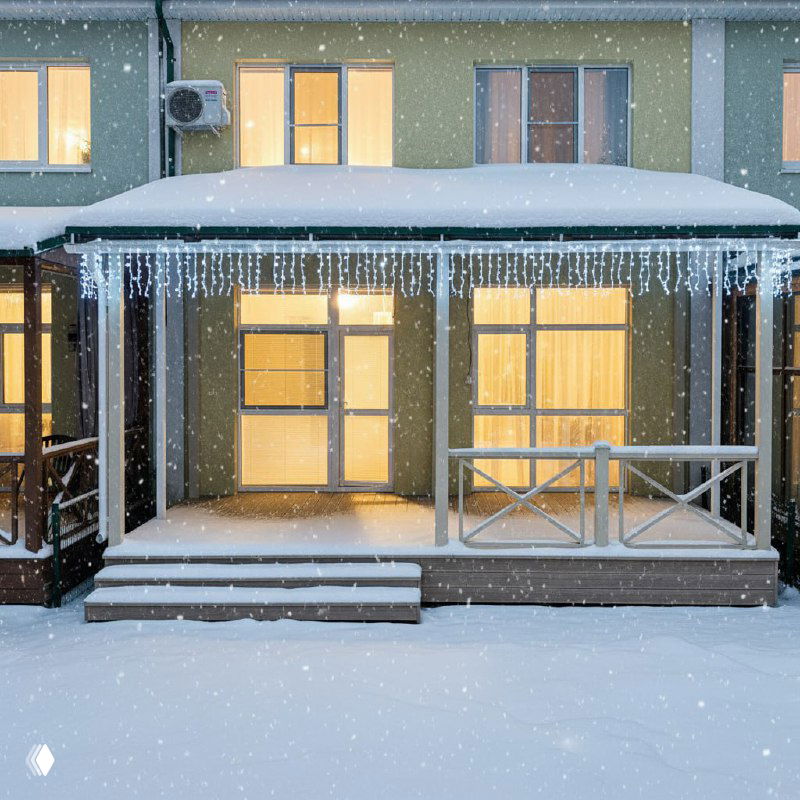 Фасад с большой крышей и навесом, украшенный стеклянной игольчатой бахромой; снежный покров, мягкое вечернее освещение внутри дома