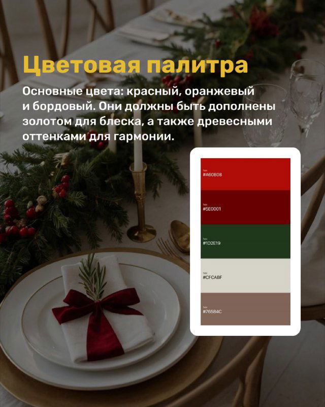 Праздничная сервировка стола с красными салфетками и еловыми ветвями; палитра цветов с акцентом на красный, бордовый и золотой для гармонии интерьера.