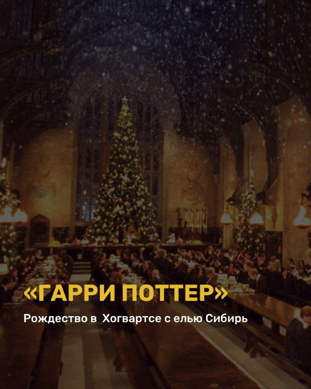 Сцена из «Гарри Поттер»: большая рождественская ёлка в зале Хогвартса, праздничное освещение и декор, передающая атмосферу праздника в подборке.