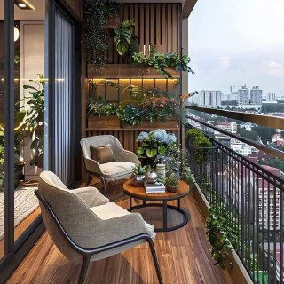 Современный длинный балкон с мягкими креслами, настенной вертикальной клумбой и видом на городской пейзаж; удобная зона отдыха среди растений.