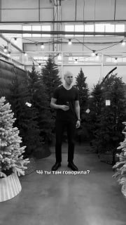 Чёрно‑белое фото: продавец демонстрирует ряд искусственных ёлок в торговом зале, несколько экземпляров на фоне, витрина магазина LetoMarket.