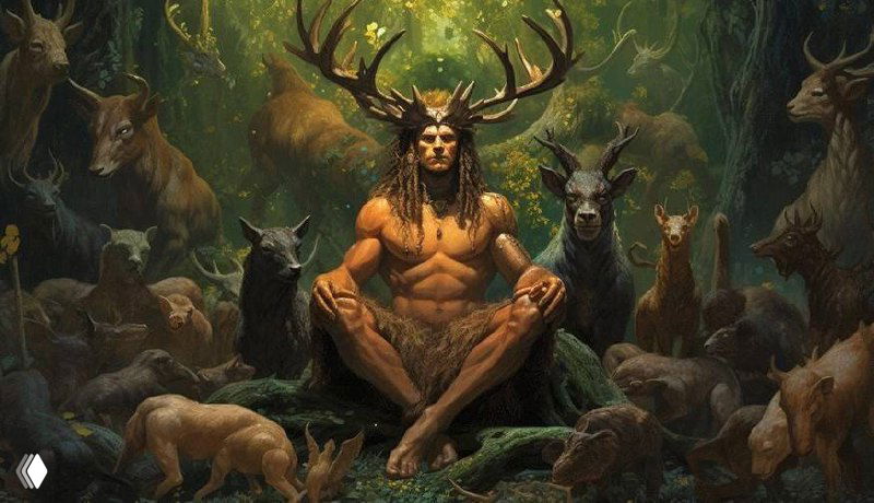 Кернунос — рогатое божество леса, восседающее под древним дубом в окружении диких животных; атмосферная мифическая сцена лесной мистики.