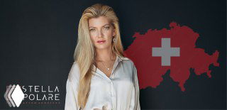Портрет женщины-специалиста сервиса Stella Polare на фоне контура Швейцарии с белым крестом; презентационное фото анонса ВНЖ.