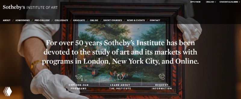 Скриншот страницы Sotheby’s Institute of Art: заглавный баннер и навигация с указанием программ в Лондоне, Нью-Йорке и онлайн в контексте обучения.