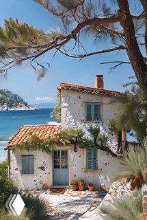 Белый каменный домик у моря в средиземноморском стиле на берегу с видом на воду и сосны на переднем плане, уютный пейзаж.