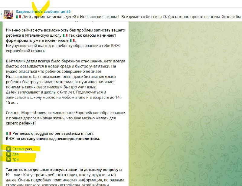 Скриншот превью поста Telegram о permesso di soggiorno и ВНЖ по опеке над несовершеннолетними в Италии с ссылками на статьи и контактами автора.