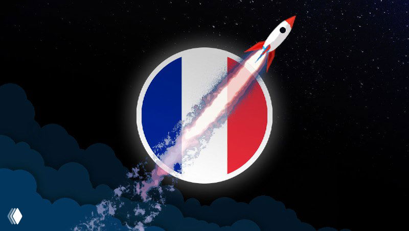 Стилизованная иллюстрация: круг с флагом Франции и ракета, летящая в ночнем небе — метафора роста и возможностей для талантов.