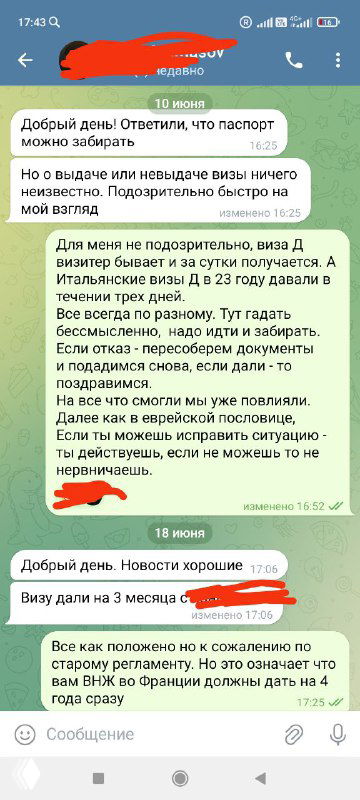 Скриншот Telegram-переписки о получении ВНЖ Франции (паспорт талантов): указаны даты подачи и готовности визы, обсуждение въезда, валидации и сроков.