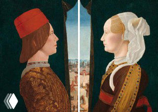 Портрет в стиле Ренессанс: мужчина в красной шапке и женщина в белой повязке, профиль на фоне городского пейзажа