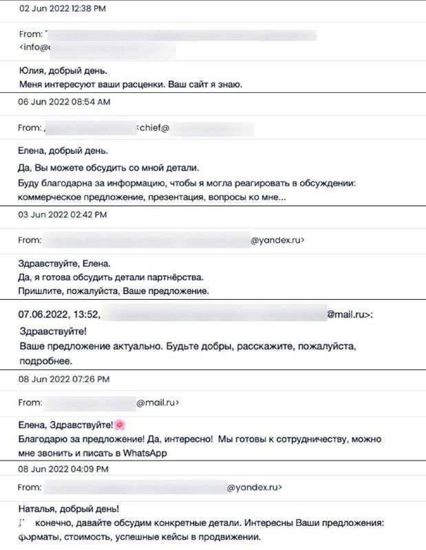 Скрин переписки и ответов от клиентов: фрагменты писем с подтверждением интереса и обсуждением покупки рекламы на онлайн-портале