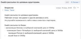 Скриншот с примером массовой email-рассылки: заголовок «Емайл рассылки по целевым аудиториям», таблица с параметрами кампании и ценами — демонстрация примера спама.