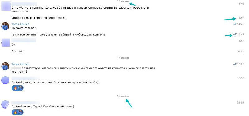 Скриншот диалога в Telegram: переписка лида и автора, видны временные метки и готовность дать контакты клиентов.