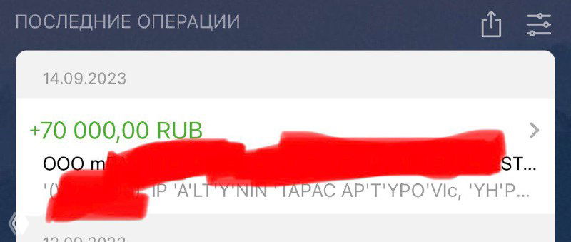 Скриншот подтверждения оплаты +70 000 ₽ с замыленными деталями компании, иллюстрация факта получения оплаты по примеру.
