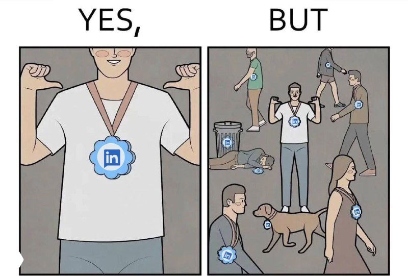 Мем в две панели: слева человек с бейджем LinkedIn, справа хаос людей и животных с бейджами — про погоню за значками.