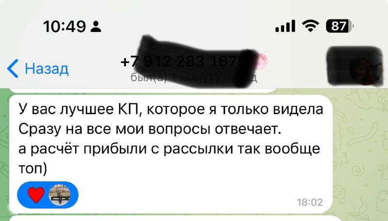 Скриншот переписки с похвалой продающего КП: сообщение-отзыв в мессенджере, интерфейс чата виден, часть номера и имени затемнены, контекст похвалы