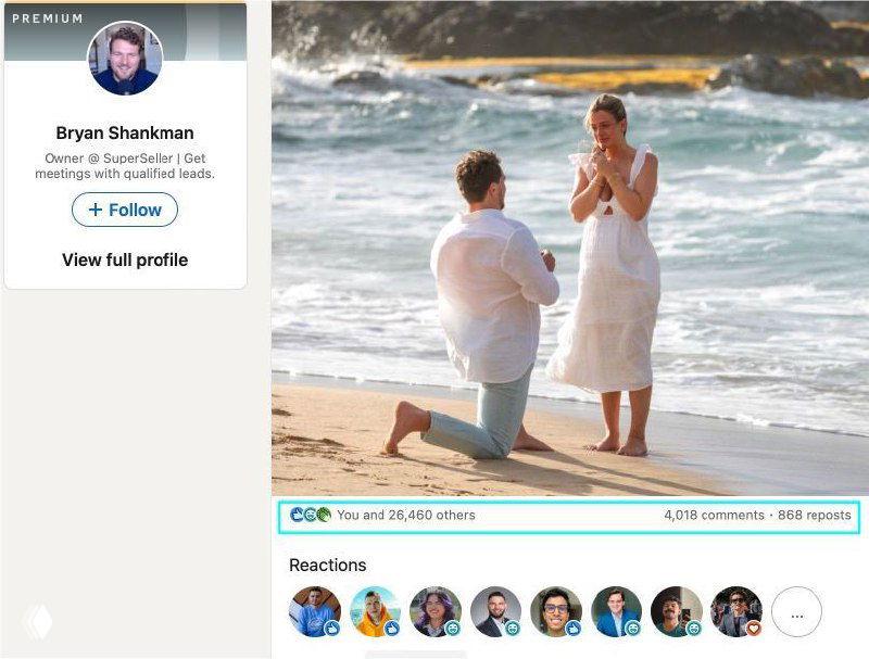 Скриншот поста в LinkedIn с превью фото предложения: видно аватар автора, количество реакций, комментариев и репостов под постом.