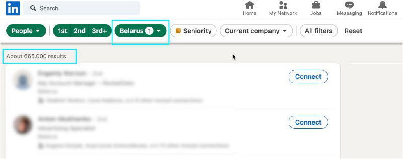 Скриншот поиска в LinkedIn с панелью фильтров, на котором видно около 665 000 результатов регистрации профилей в Беларуси, интерфейс платформы.