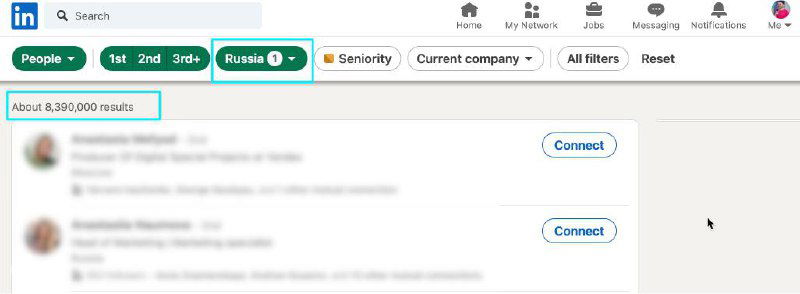Скриншот интерфейса LinkedIn с результатом поиска для России — около 8.4 млн зарегистрированных профилей, видны элементы поиска и фильтры.