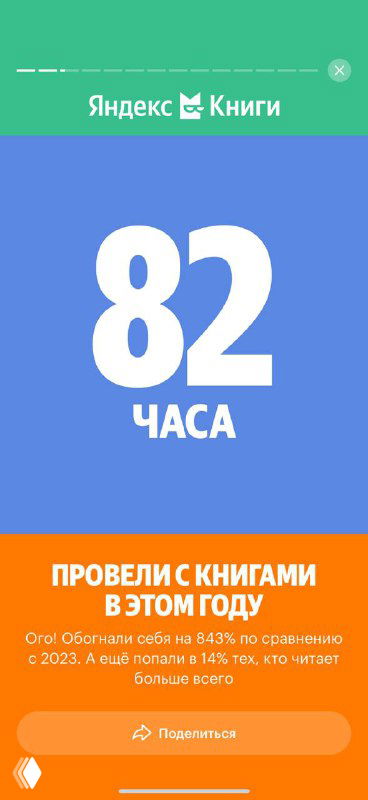 Скриншот статистики в «Яндекс Книги»: синий фон с крупной цифрой 82 и подписью часов прослушивания книг за год.