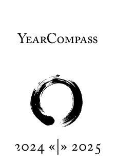 Обложка PDF «Компас Года»: минималистичный белый макет с надписью YearCompass, кистевой круг и маркировка годов 2024 — 2025.