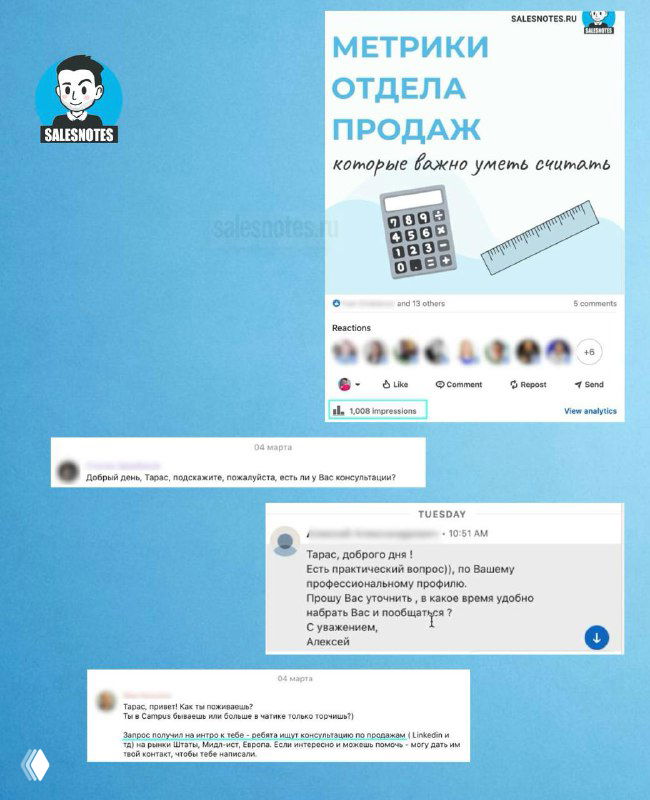 Коллаж со скриншотами публикации в LinkedIn: заголовок «Метрики отдела продаж», изображение калькулятора и переписки с тремя запросами на консультацию.