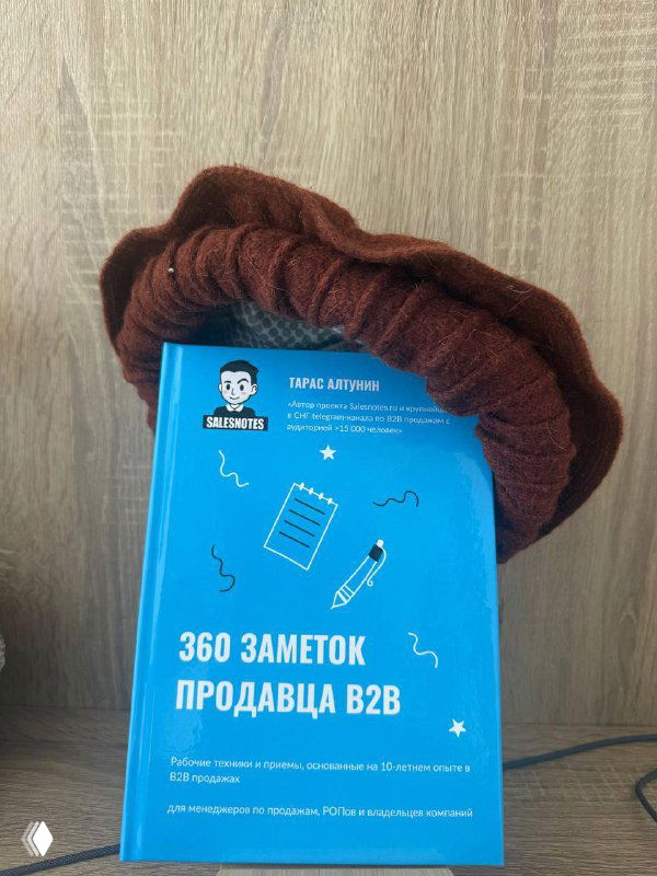 Ручная афганка как приз лежит на синей обложке книги «360 заметок продавца B2B», видно головной убор, надпись на обложке и деревянную поверхность фона.