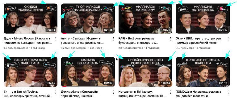 Превью с миниатюрами подкастов: портреты ведущих и гостей, логотипы канала и кадры эпизодов на фоне интерфейса YouTube, показывающие формат интервью и гостьевые обсуждения.