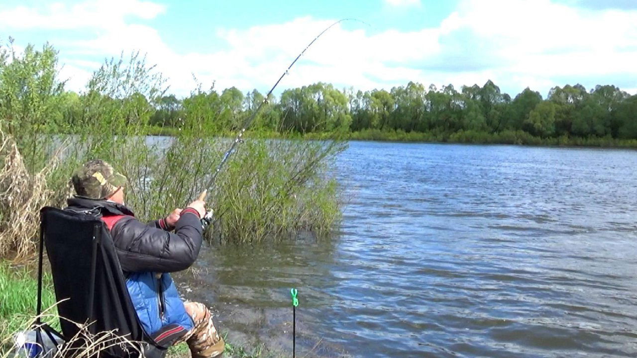 Рыбак в тёплой одежде на складном стуле у берега просторного водоёма с удочкой и поплавком, спокойная вода и зелёные заросли вокруг, иллюстрация отвлечения от работы.