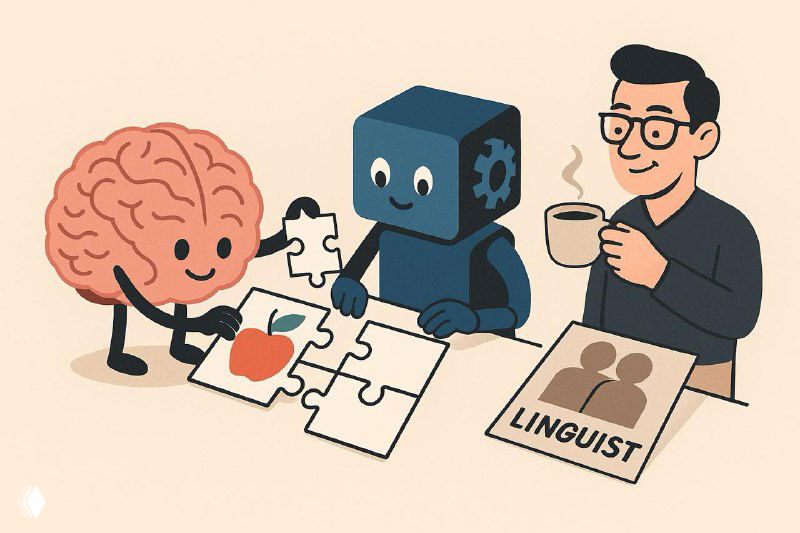 Иллюстрация: стилизованный мозг, дружелюбный робот и человек с чашкой собирают пазл смыслов — метафора взаимодействия лингвистики и ИИ.