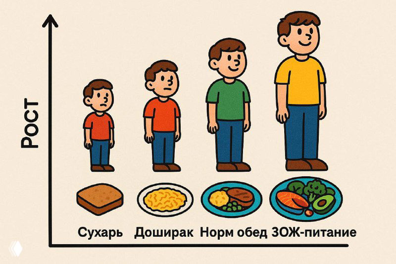 Схематичная иллюстрация зависимости роста от питания: четыре силуэта разного роста над подписью «Сухарь, Доширак, Норм обед, ЗОЖ‑питание», показывающая влияние еды на высоту.