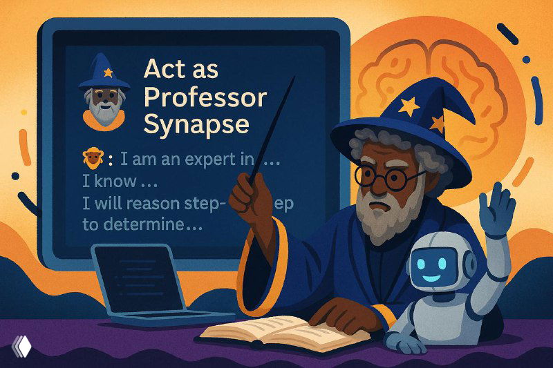 Иллюстрация: седой волшебник у ноутбука указывает палочкой на экран с надписью «Act as Professor Synapse», рядом дружелюбный робот в стиле векторной иллюстрации.