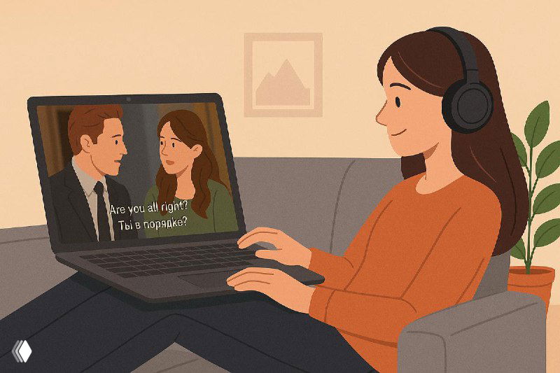 Человек в наушниках на диване смотрит сериал на ноутбуке с субтитрами на экране; иллюстрация просмотра фильмов и сериалов в оригинале для изучения языка.