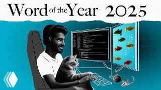 Иллюстрация: человек за компьютером с кодом на экране и котом на коленях; вверху надпись «Word of the Year 2025», символизирует тему vibe coding и тренд ИИ-аутентичности.