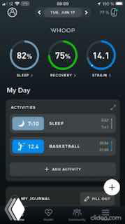 Скриншот интерфейса мобильного приложения Whoop: дашборд с показателями Sleep, Recovery и Strain, а также список активностей (баскетбол, сон) внизу экрана.